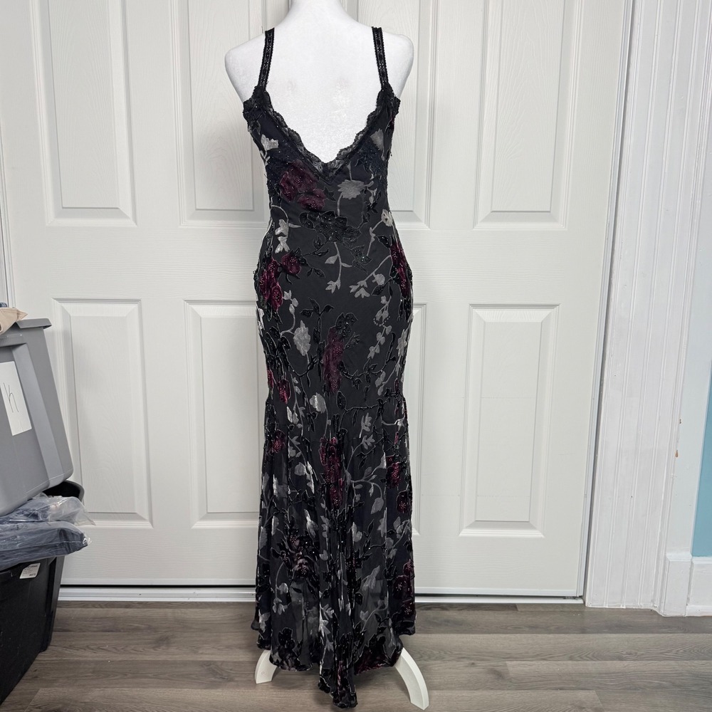 VTG Sue Wong Silk Burnout Velvet Floral Beaded Lace Maxi Dress Black Burgundy 6 - Picture 3 of 16